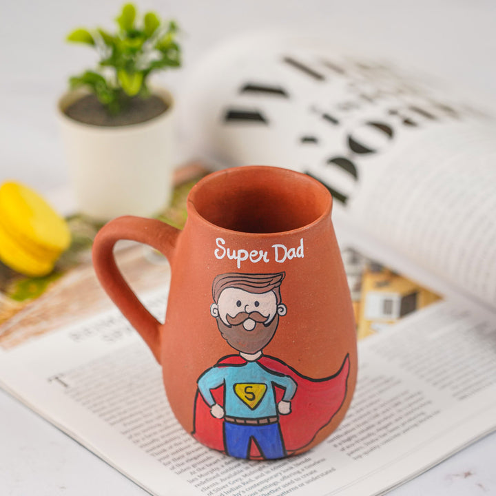 Handpainted Terracotta Mug With Super Dad Avatar Illustrations