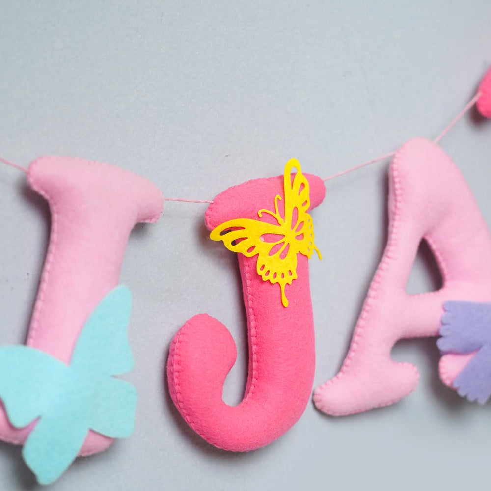 Handcrafted Personalized Unicorn Theme Felt Bunting - Close-up Hanging Letter Detail