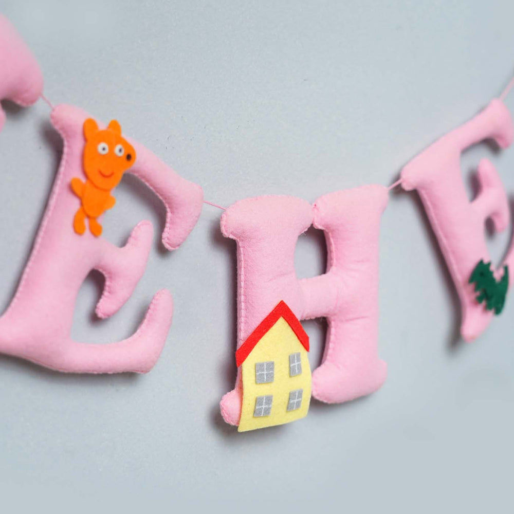 Handcrafted Personalized Peepa Pig Theme Felt Bunting - Close-up Hanging Wall Letters