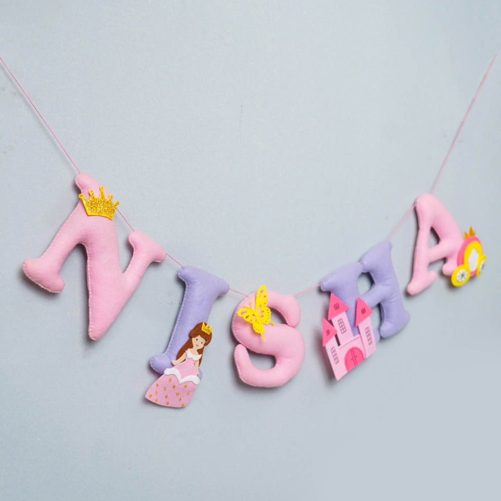 Handcrafted Personalized Princess Theme Felt Bunting - Hanging Name Letters Garland Front View