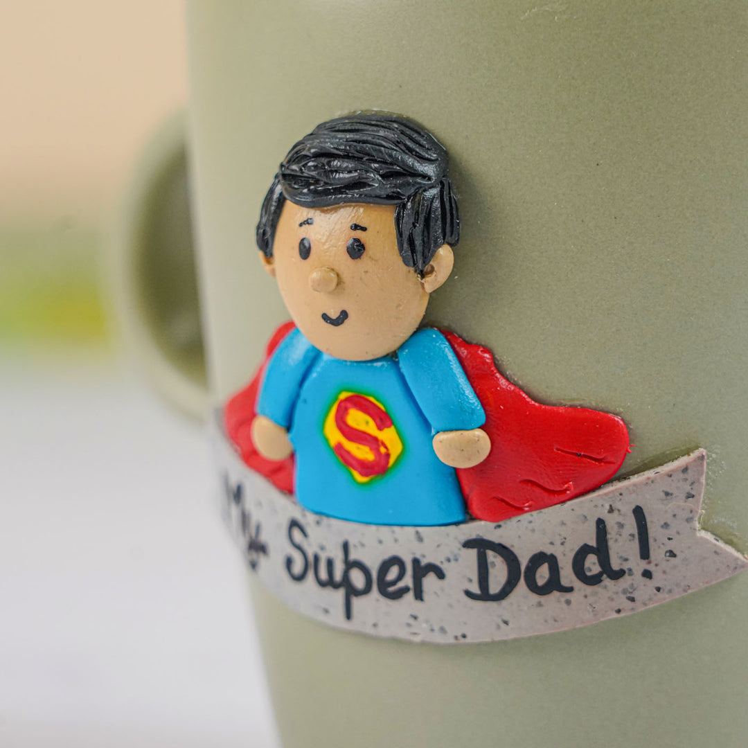 Personalized Handmade Polymer Clay Super Dad Theme Ceramic Mug