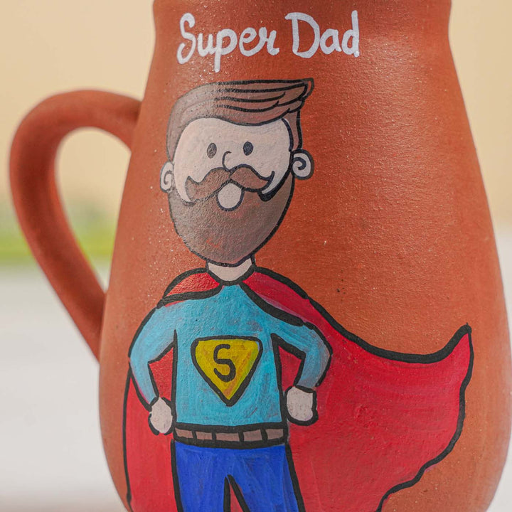 Handpainted Terracotta Mug With Super Dad Avatar Illustrations