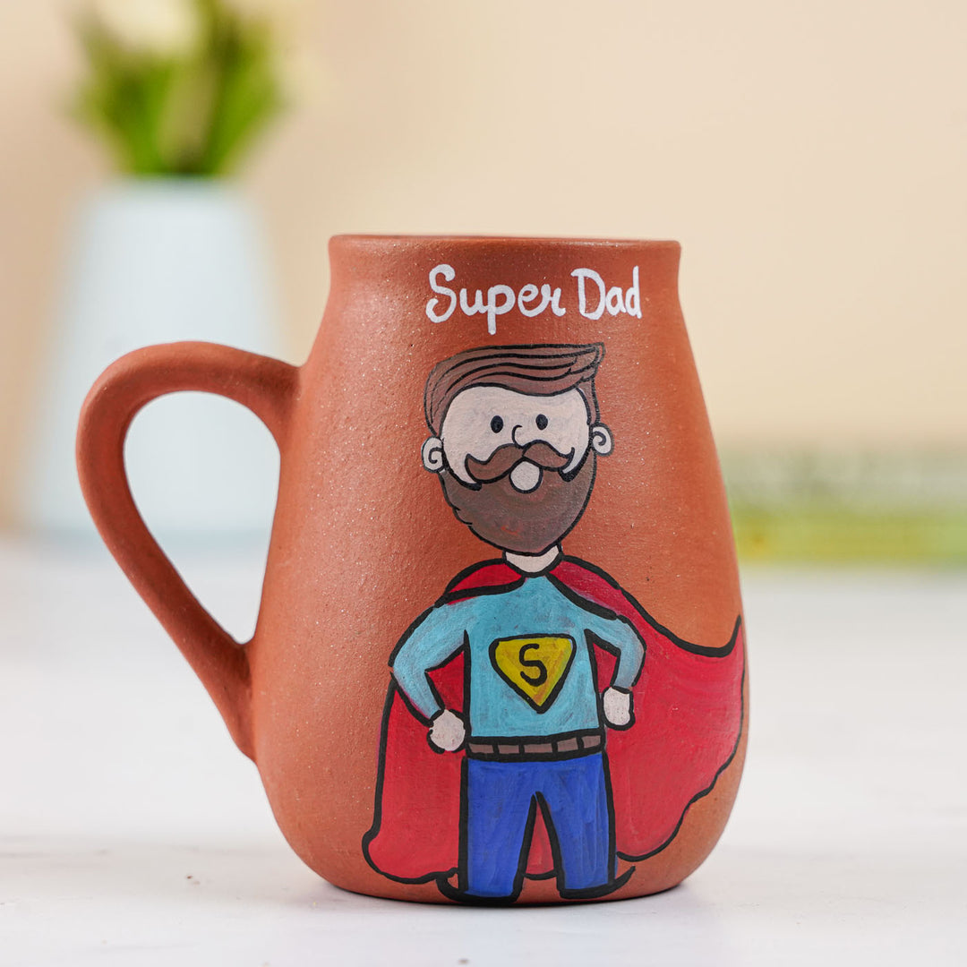 Handpainted Terracotta Mug With Super Dad Avatar Illustrations