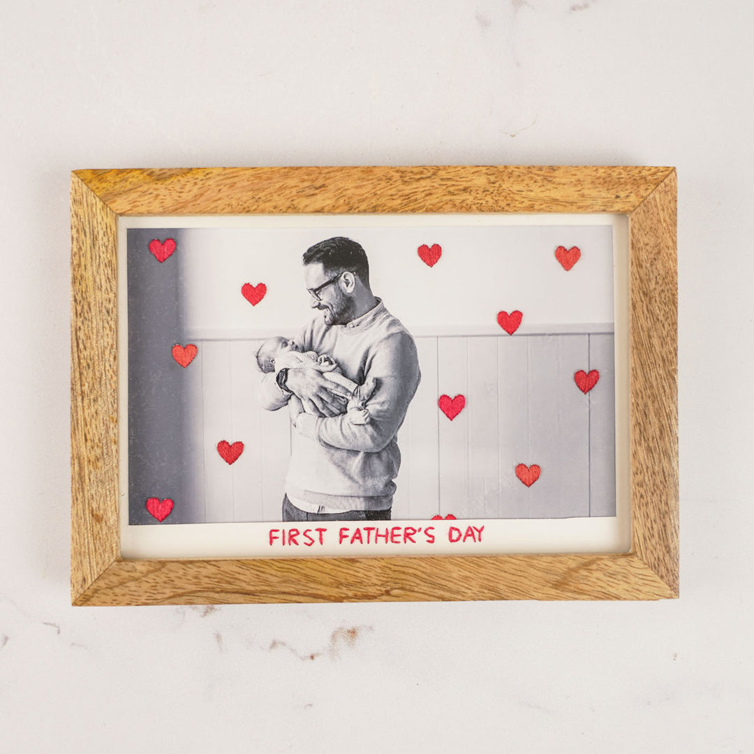 Little Hearts Design Hand Embroidered Photo With Wooden Frame