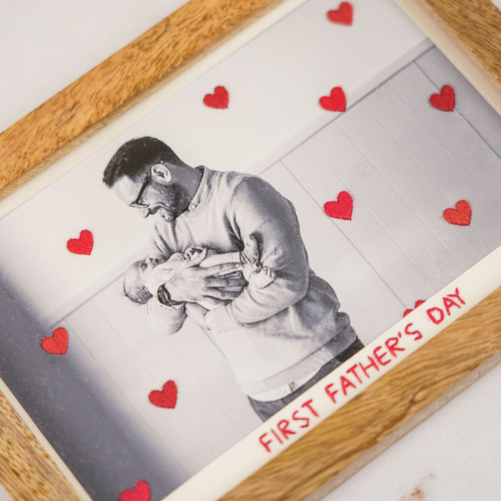 Little Hearts Design Hand Embroidered Photo With Wooden Frame