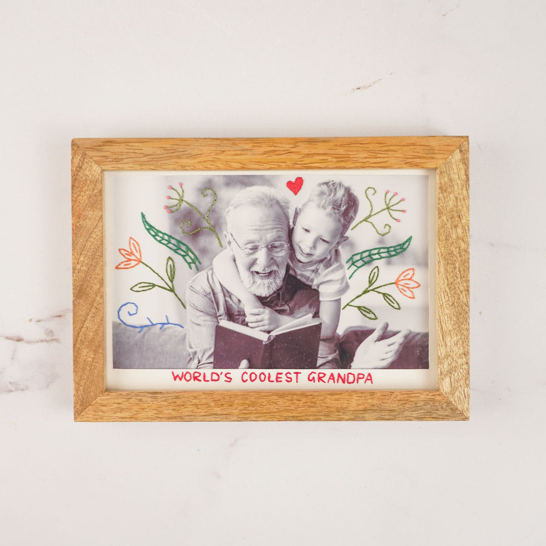 Flowers And Heart Design Hand Embroidered Photo With Wooden Frame