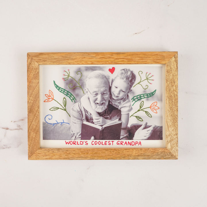 Flowers And Heart Design Hand Embroidered Photo With Wooden Frame