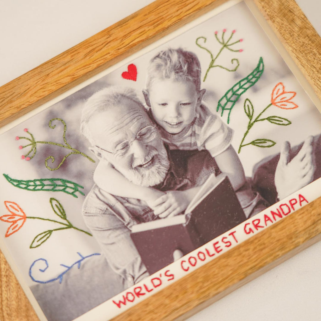 Flowers And Heart Design Hand Embroidered Photo With Wooden Frame