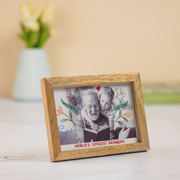 Flowers And Heart Design Hand Embroidered Photo With Wooden Frame