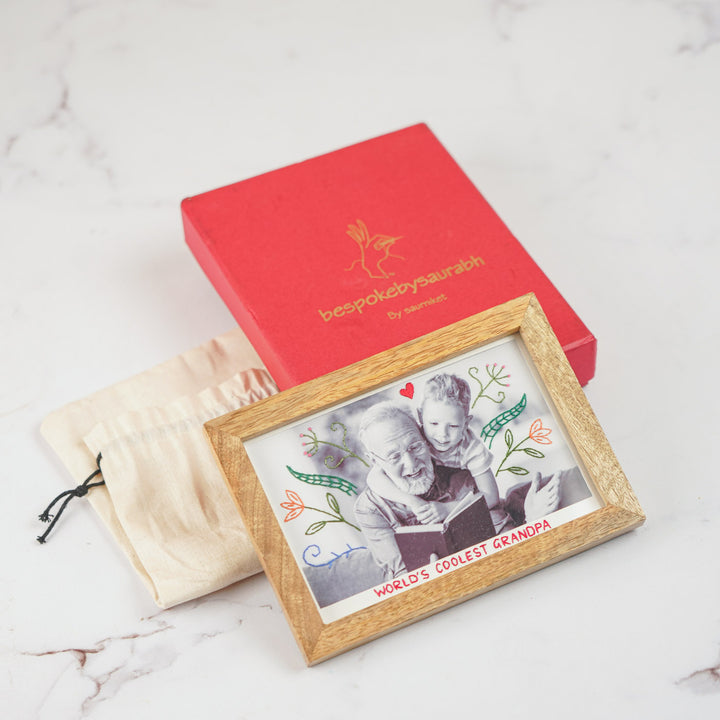 Flowers And Heart Design Hand Embroidered Photo With Wooden Frame