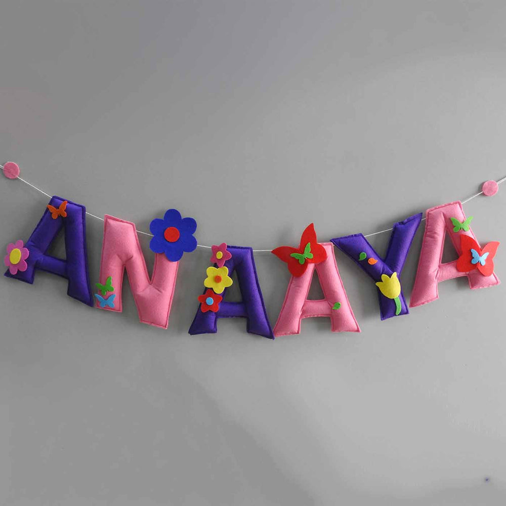 Personalized Handmade Flowers And Buttefly Theme Felt Bunting - Name Personalization Example Hanging on Wall