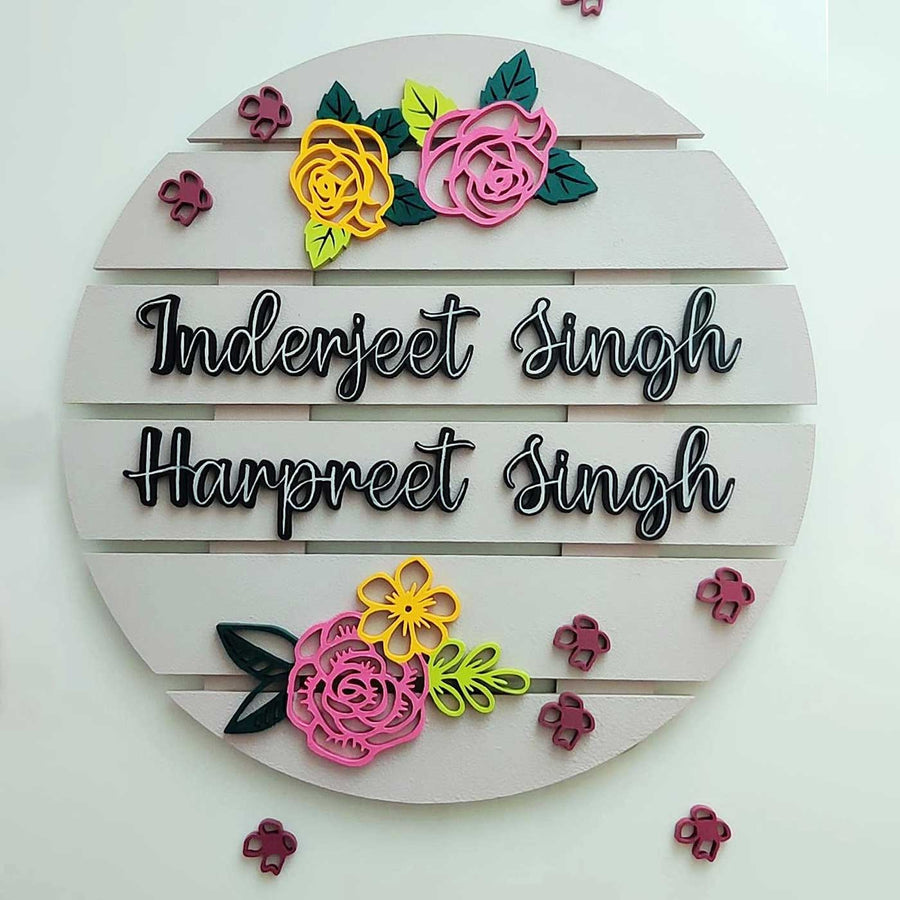 Handcrafted Personalized Mdf Floral Nameplate - Name Personalization Example Front View