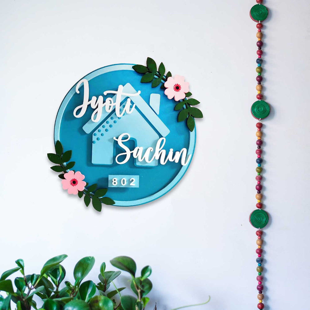 Handcrafted Personalized 3D Mdf Floral Hut Nameplate - Mounted on Wall with Decorative Elements