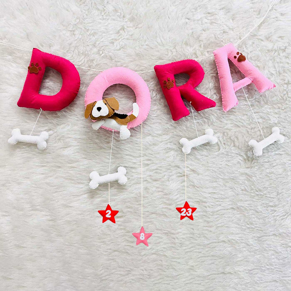 Handcrafted Personalized Doggo Themed Bunting For Kids - Top-down View Showing Hanging Elements
