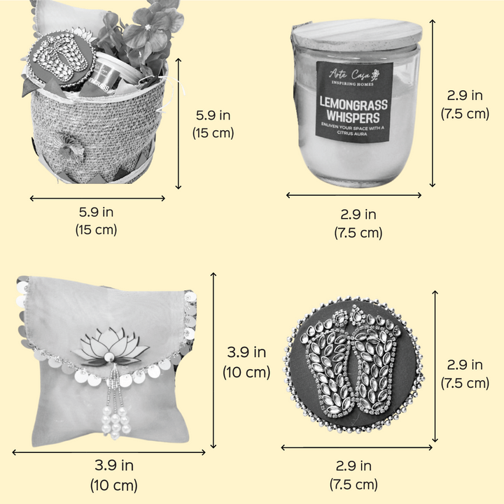 Eco Utsav Mini Diwali Gift Hamper | Includes 1 Lakshmi Charan, 1 Candle, 1 Dry Fruit Potli, 1 Decor Flower Bunch, 1 Diwali Card, 1 Jute Basket