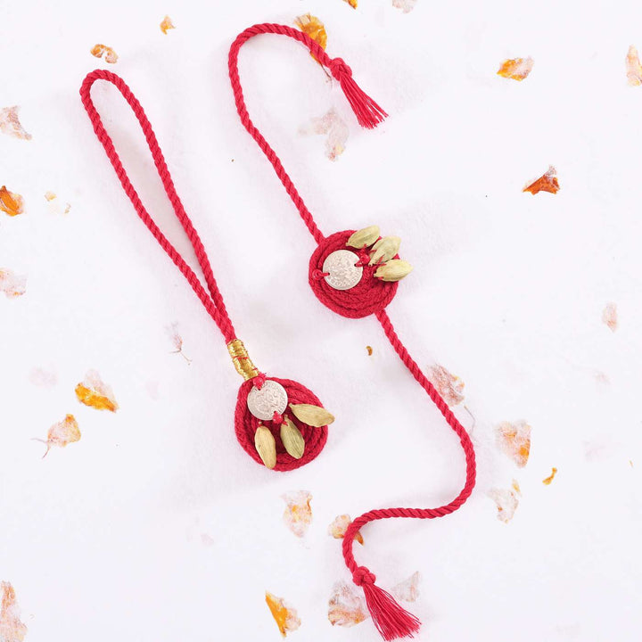 Handmade Elaichi Cotton Bhaiya Bhabhi Rakhi With Roli Chawal Set Of 2 - Isolated on White Background