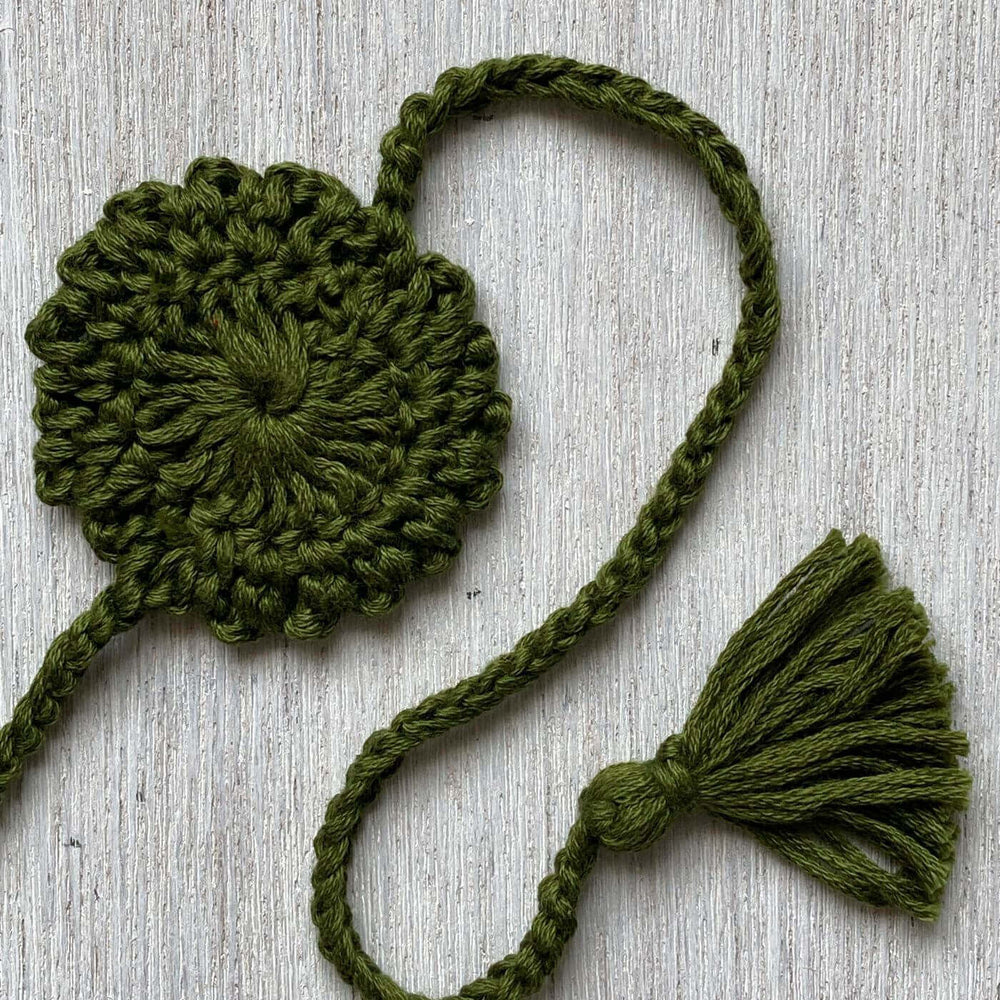 Handcrafted Crochet Folk Art Mandala Rakhi With Rice Roli Haldi 3 - Back View with Tassel Detail