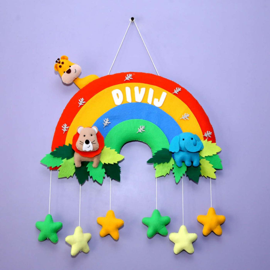 Personalized Jungle Rainbow Theme Felt Kids Name Plate - Hanging Nursery Decoration Front View