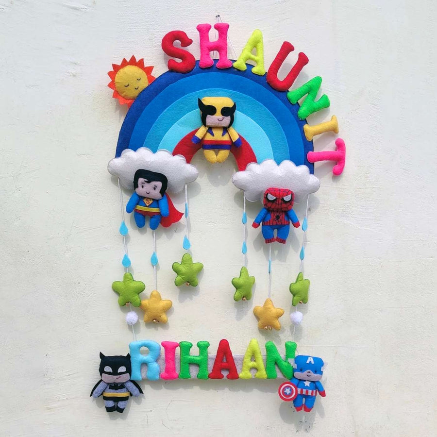 Personalized Blue Super Hero Theme Felt Kids Name Plate - None (1)