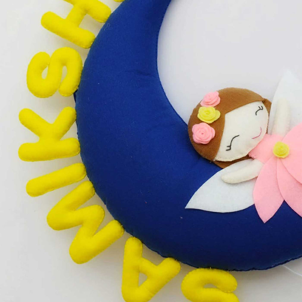 Handmade Personalized Felt Kids Name Hanging Fairy On Moon - Partial Close-Up Showing Letters