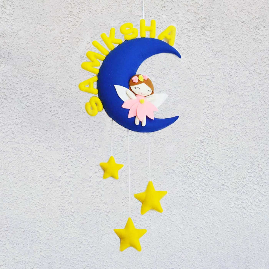 Handmade Personalized Felt Kids Name Hanging Fairy On Moon - Front View Hanging on Wall