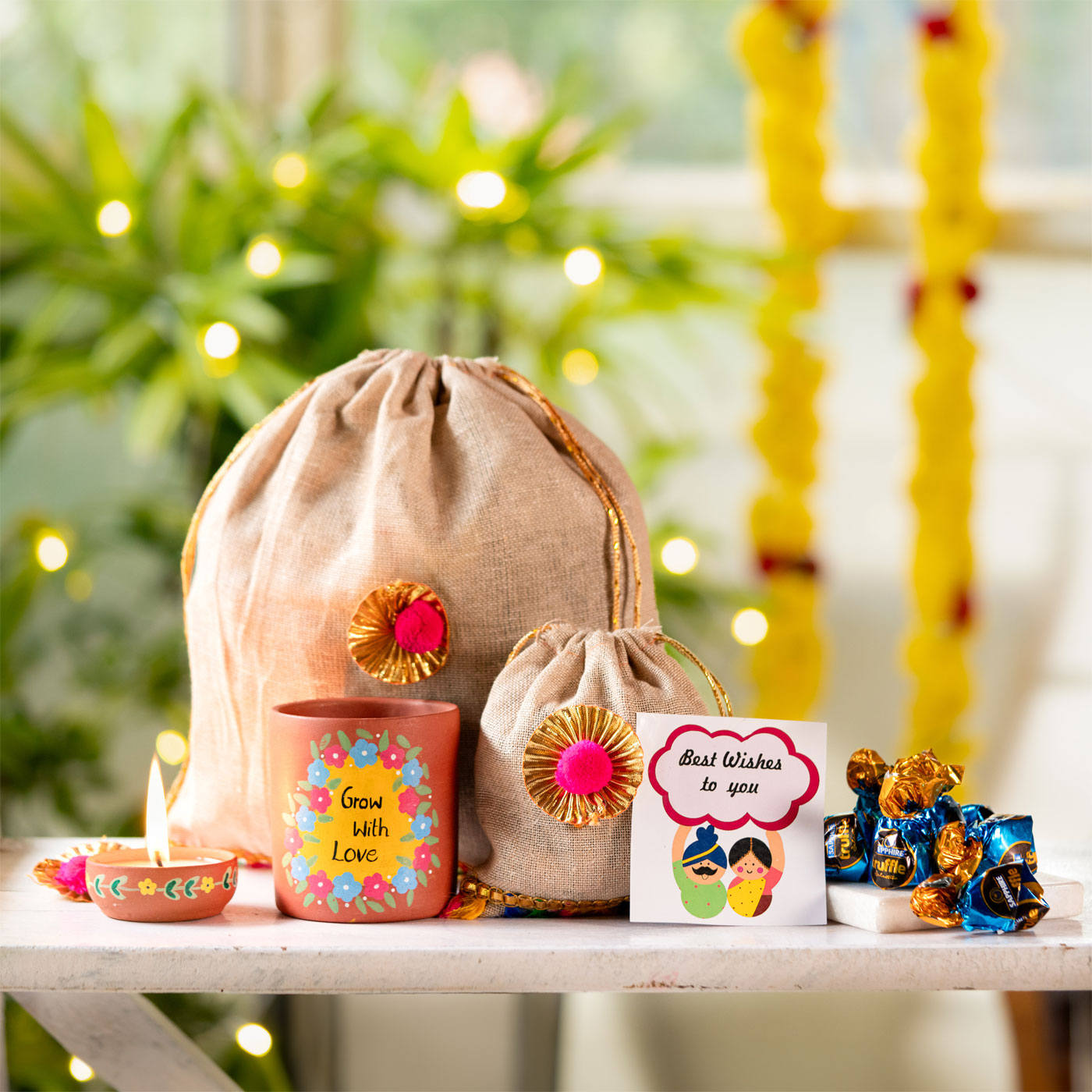 Diwali Gift Hamper - Festive Handpainted Wooden Mata Charan With Dryfruits, Shubh Laabh & Incense sticks (4 Curated Products)