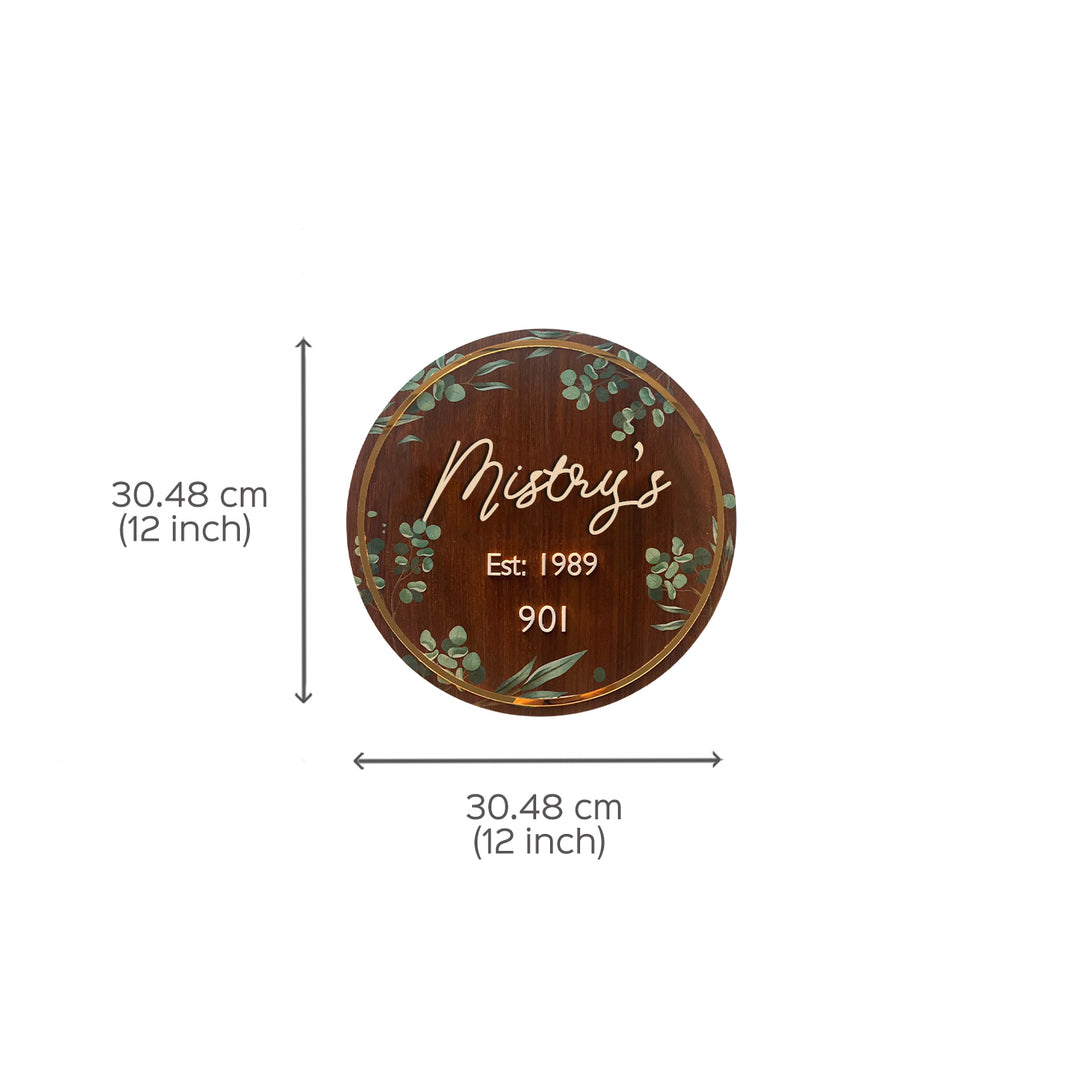 Personalised Wooden Floral Round Nameplate Copy - Dimension Chart with Front View