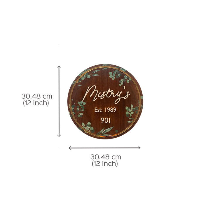 Personalised Wooden Floral Round Nameplate Copy - Dimension Chart with Front View