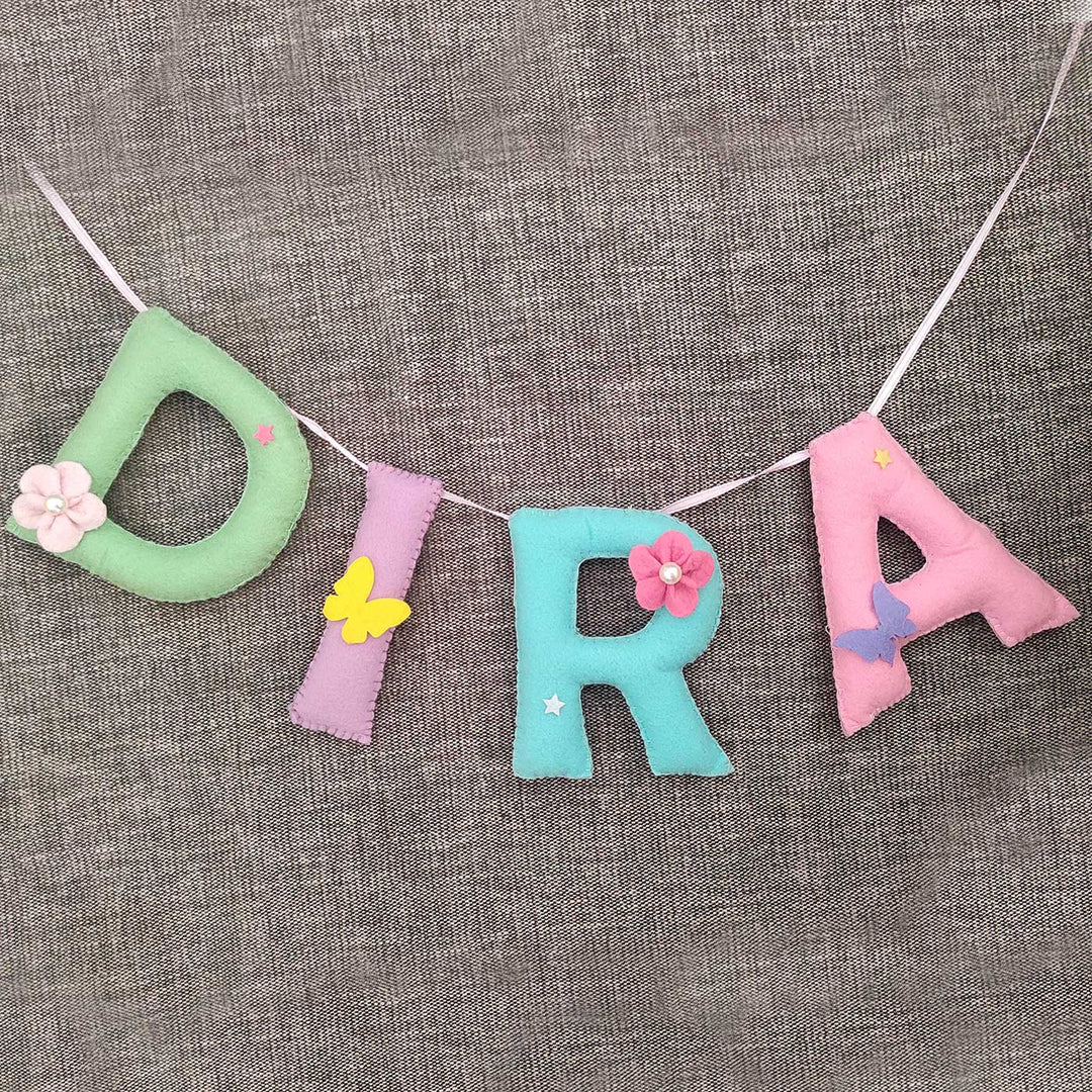 Personalized Handmade Flowers And Butterfly Felt Bunting - Hanging Letters Banner Display