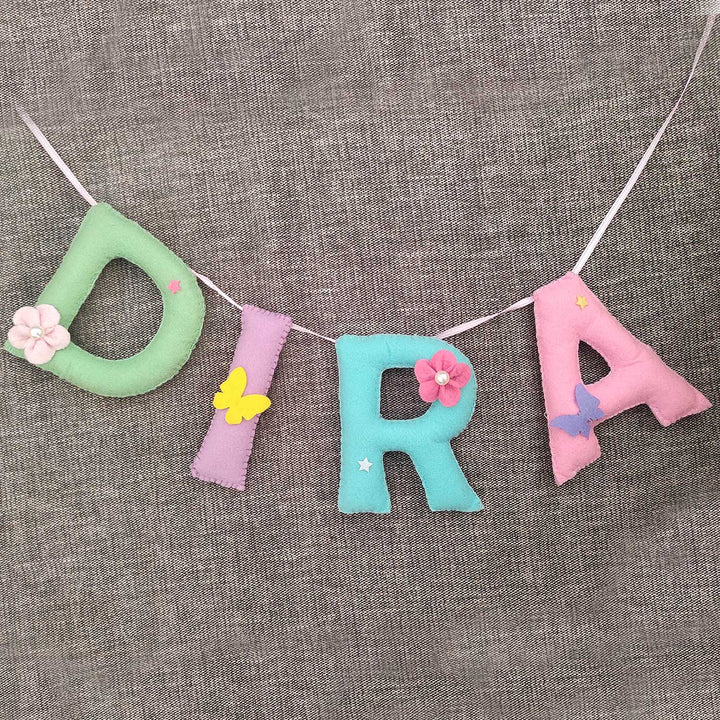 Personalized Handmade Flowers And Butterfly Felt Bunting - Hanging Letters Banner Display