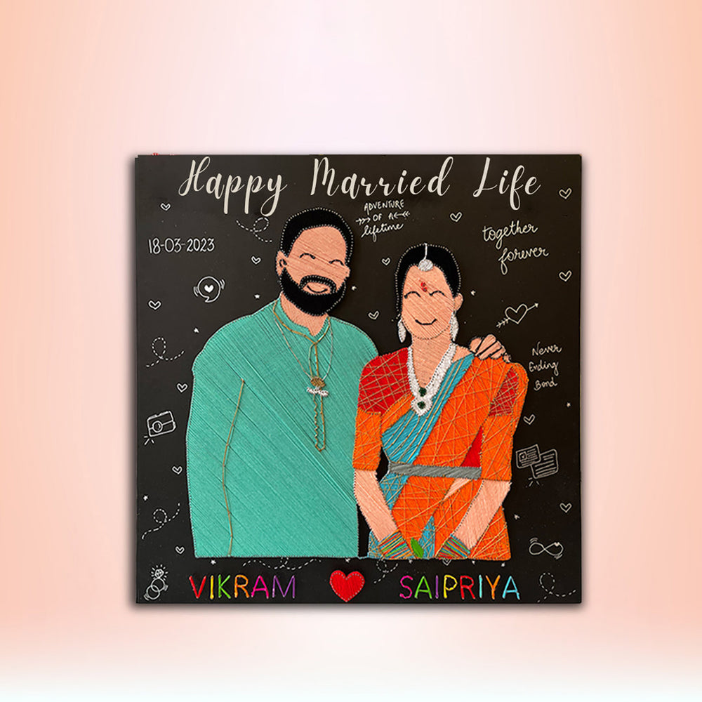 Personalized String Art From Pixels To Strings Mdf Wood Name Plate For Couples - Front View with Personalized Illustration