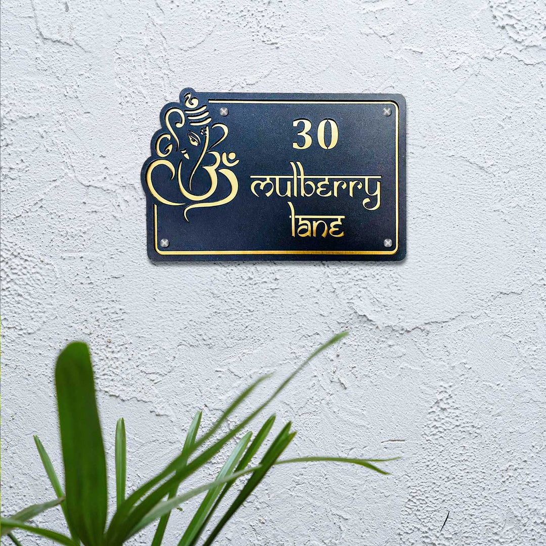Personalized Waterproof Ganesha Design Laser Cut Metal Name Plate - Mounted on Exterior Wall