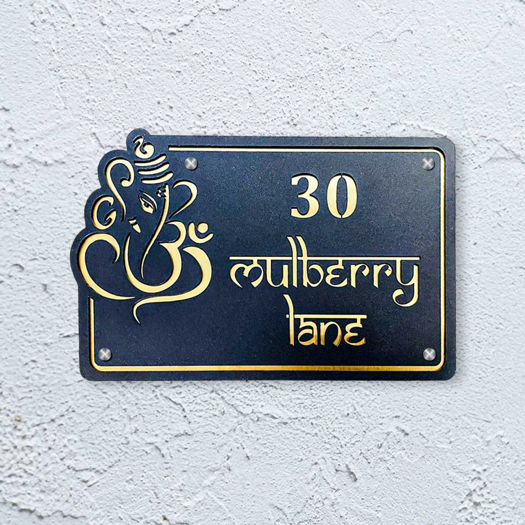 Personalized Waterproof Ganesha Design Laser Cut Metal Name Plate - Mounted on Wall Close-up