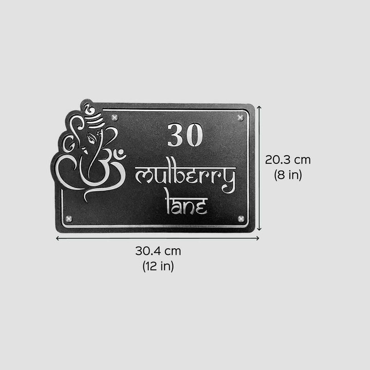 Personalized Waterproof Ganesha Design Laser Cut Metal Name Plate - Front View with Dimensions