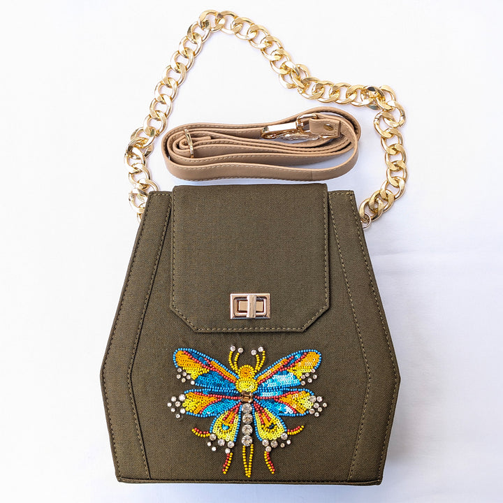 Embroidered Butterfly Motif Olive Green Sling Bag