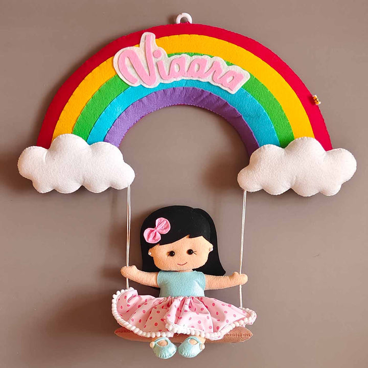 Hand Stitched Girl On Rainbow Themed Round Felt Kids Name Plate For Girls - Front View with Name Personalization