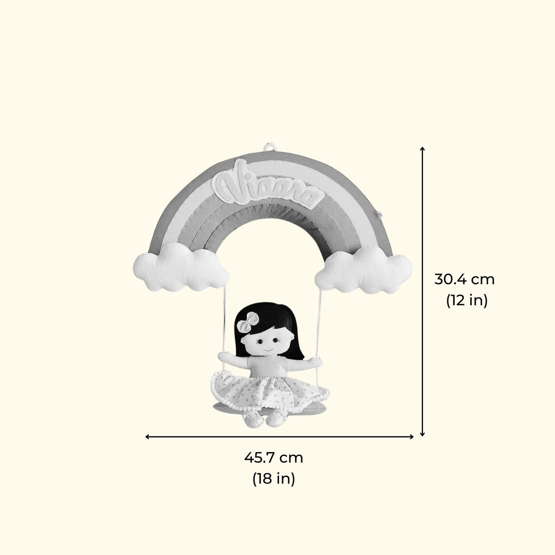 Hand Stitched Girl On Rainbow Themed Round Felt Kids Name Plate For Girls - Dimension Chart with Front View