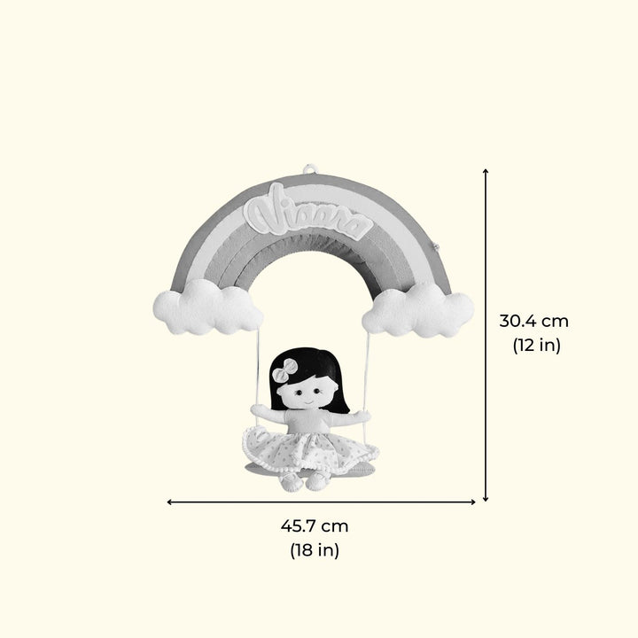 Hand Stitched Girl On Rainbow Themed Round Felt Kids Name Plate For Girls - Dimension Chart with Front View