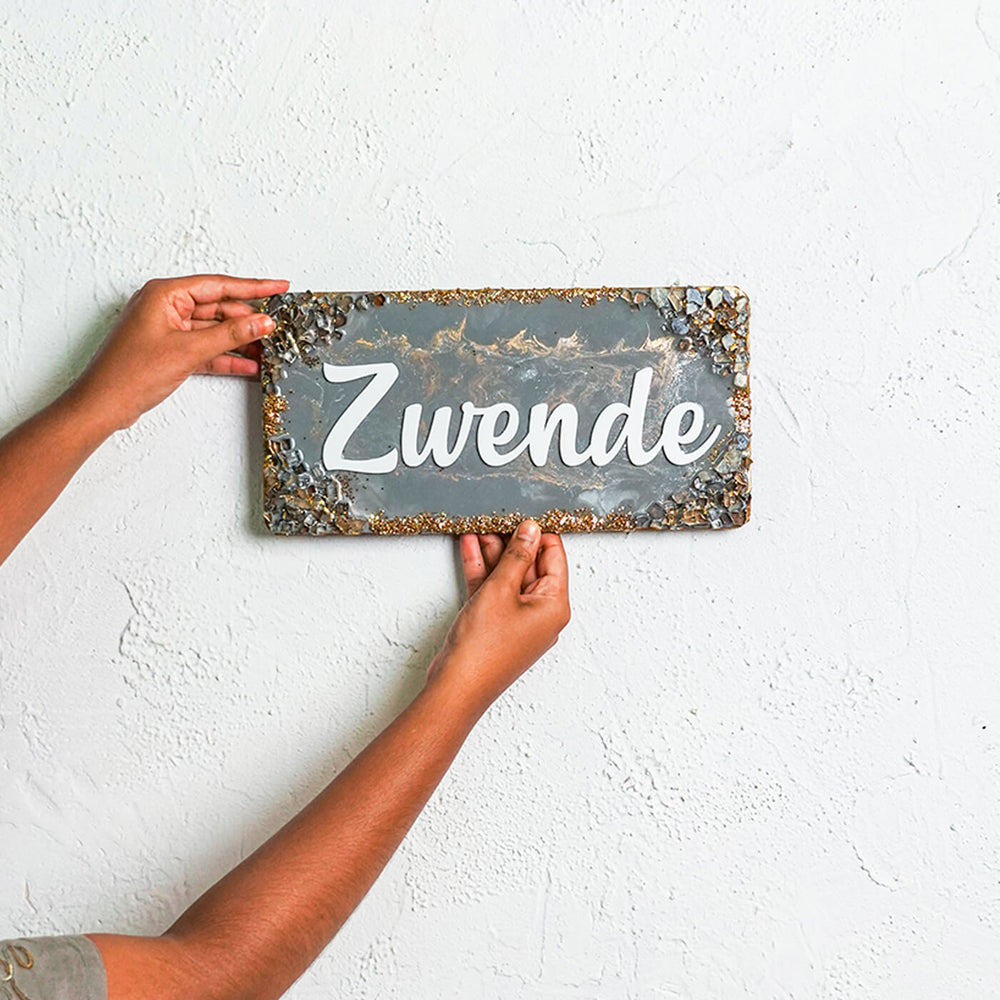 Handcrafted Resin Grey Name Plate - Held at Wall Height Display