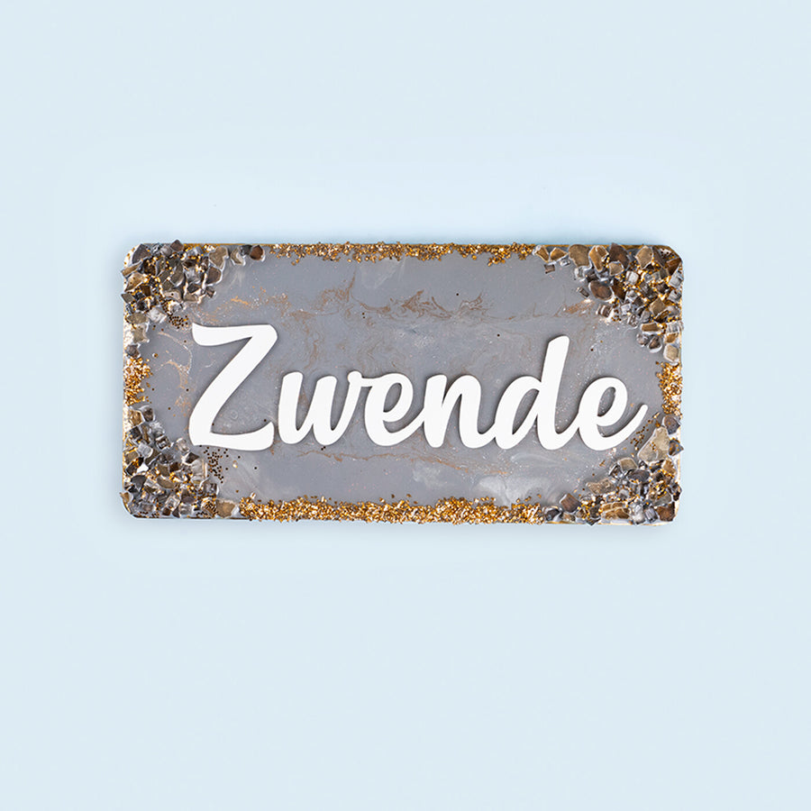 Handcrafted Resin Grey Name Plate - Front View on Blue Background