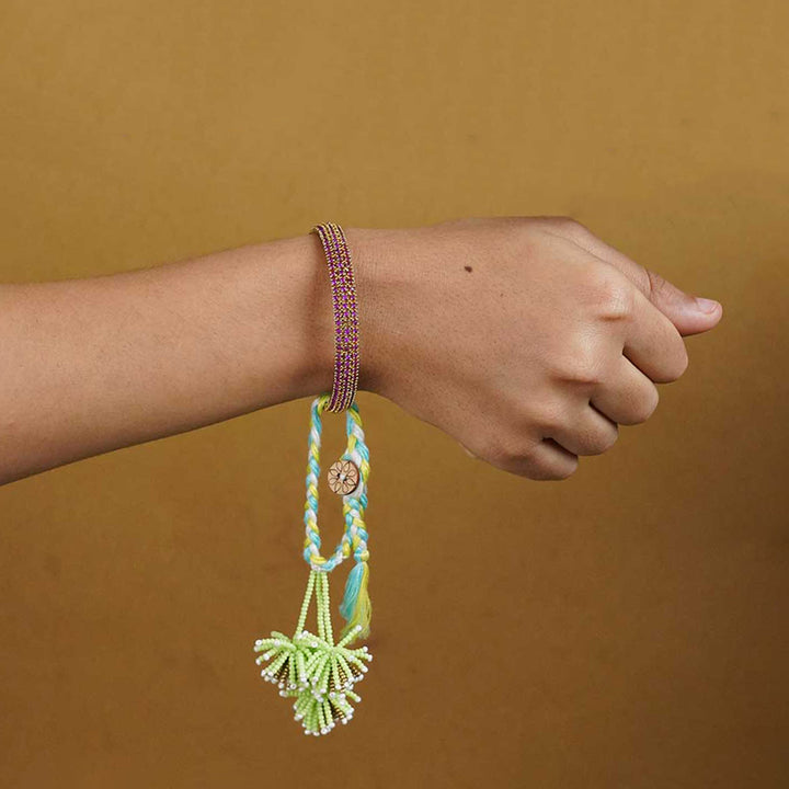 Reusable Beaded Green Flower Lumba Rakhi For Bhabhi With Roli Chawal - Worn on Wrist