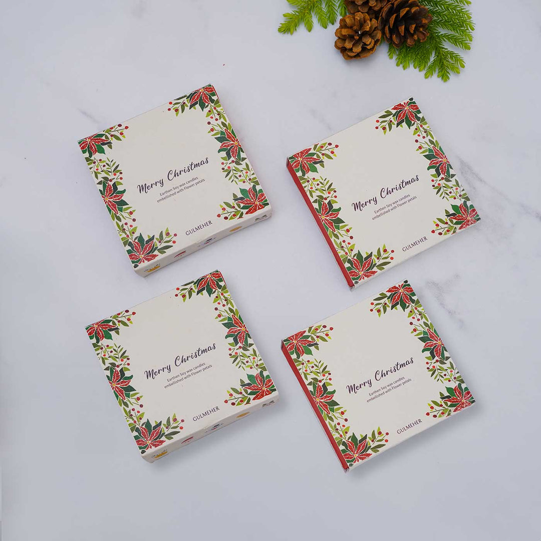 12 Candles | Handmade Soy Wax & Pressed Flower Terracota Tealight Candles For Christmas Decoration | 4 Boxes, 3 Candles per Box