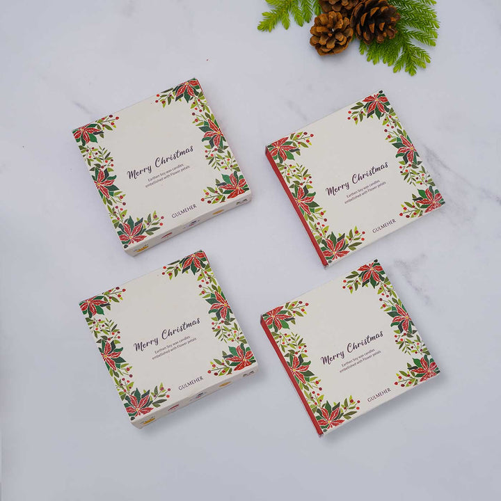 12 Candles | Handmade Soy Wax & Pressed Flower Terracota Tealight Candles For Christmas Decoration | 4 Boxes, 3 Candles per Box