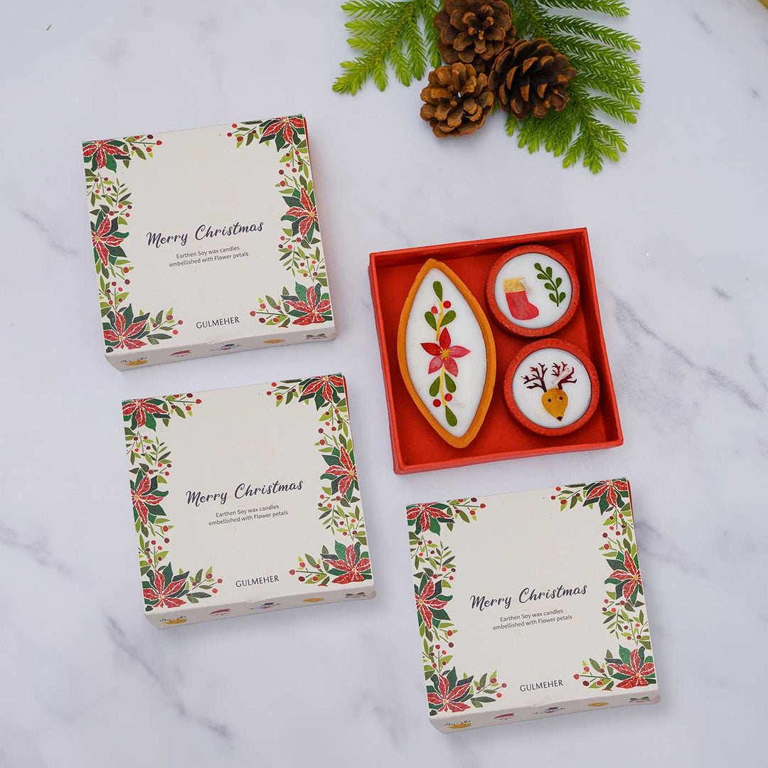 12 Candles | Handmade Soy Wax & Pressed Flower Terracota Tealight Candles For Christmas Decoration | 4 Boxes, 3 Candles per Box