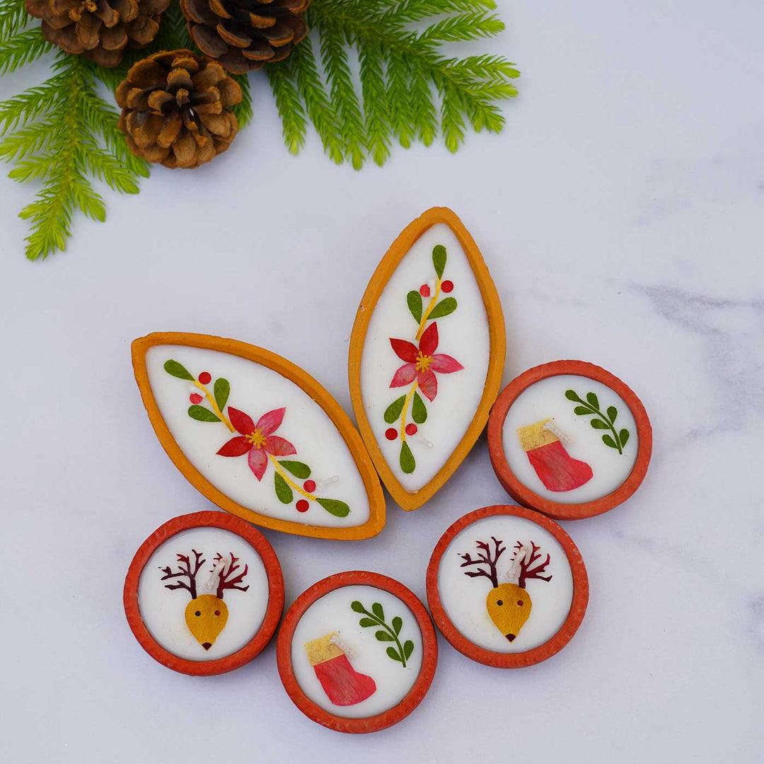 12 Candles | Handmade Soy Wax & Pressed Flower Terracota Tealight Candles For Christmas Decoration | 4 Boxes, 3 Candles per Box