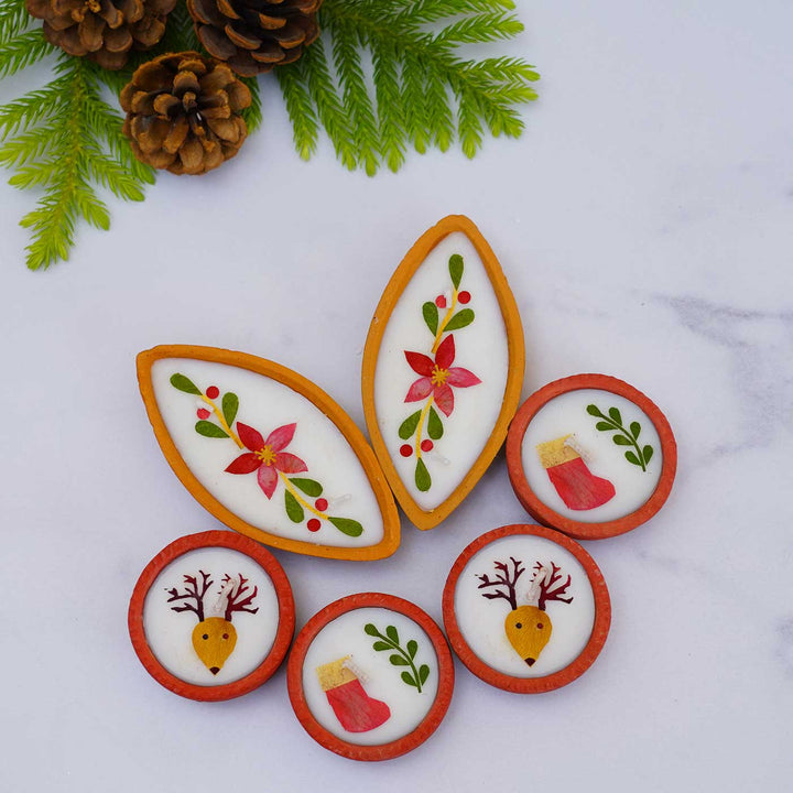 12 Candles | Handmade Soy Wax & Pressed Flower Terracota Tealight Candles For Christmas Decoration | 4 Boxes, 3 Candles per Box
