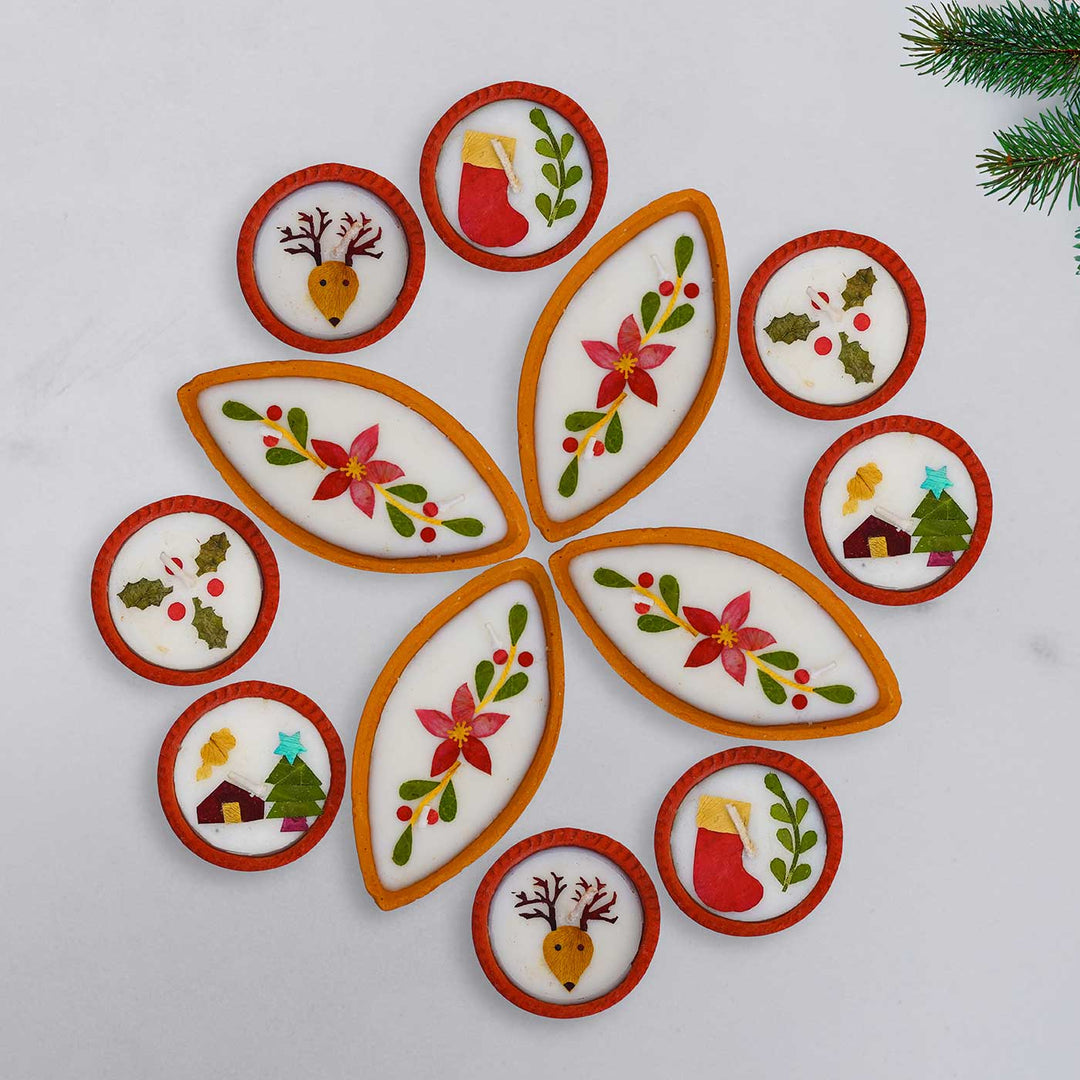 12 Candles | Handmade Soy Wax & Pressed Flower Terracota Tealight Candles For Christmas Decoration | 4 Boxes, 3 Candles per Box