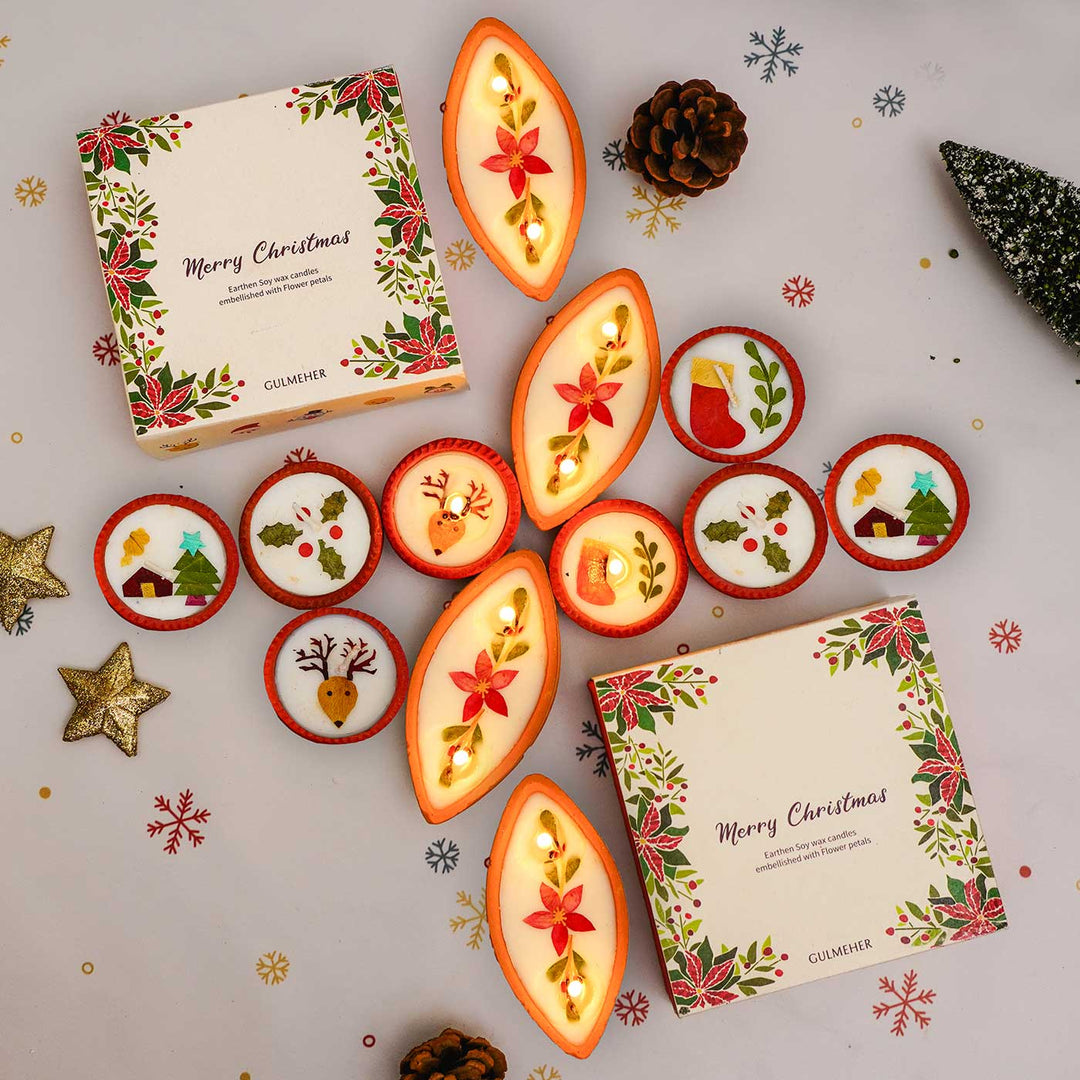 12 Candles | Handmade Soy Wax & Pressed Flower Terracota Tealight Candles For Christmas Decoration | 4 Boxes, 3 Candles per Box