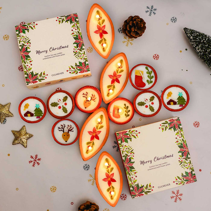 12 Candles | Handmade Soy Wax & Pressed Flower Terracota Tealight Candles For Christmas Decoration | 4 Boxes, 3 Candles per Box