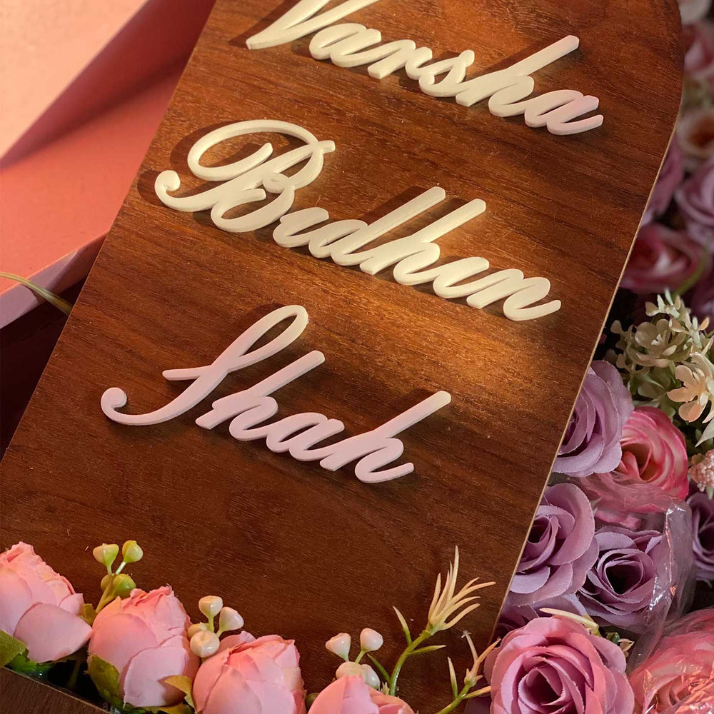 Tall Arched Wooden Name Plate With Floral Basket 3D Letters - Name Personalization Example on Wood